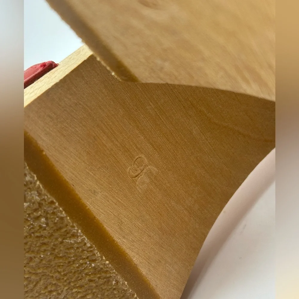 Swedish Hasbeens Red Leather Wooden Platform Sandals T-Strap Chunky Block Heel - Picture 12 of 16